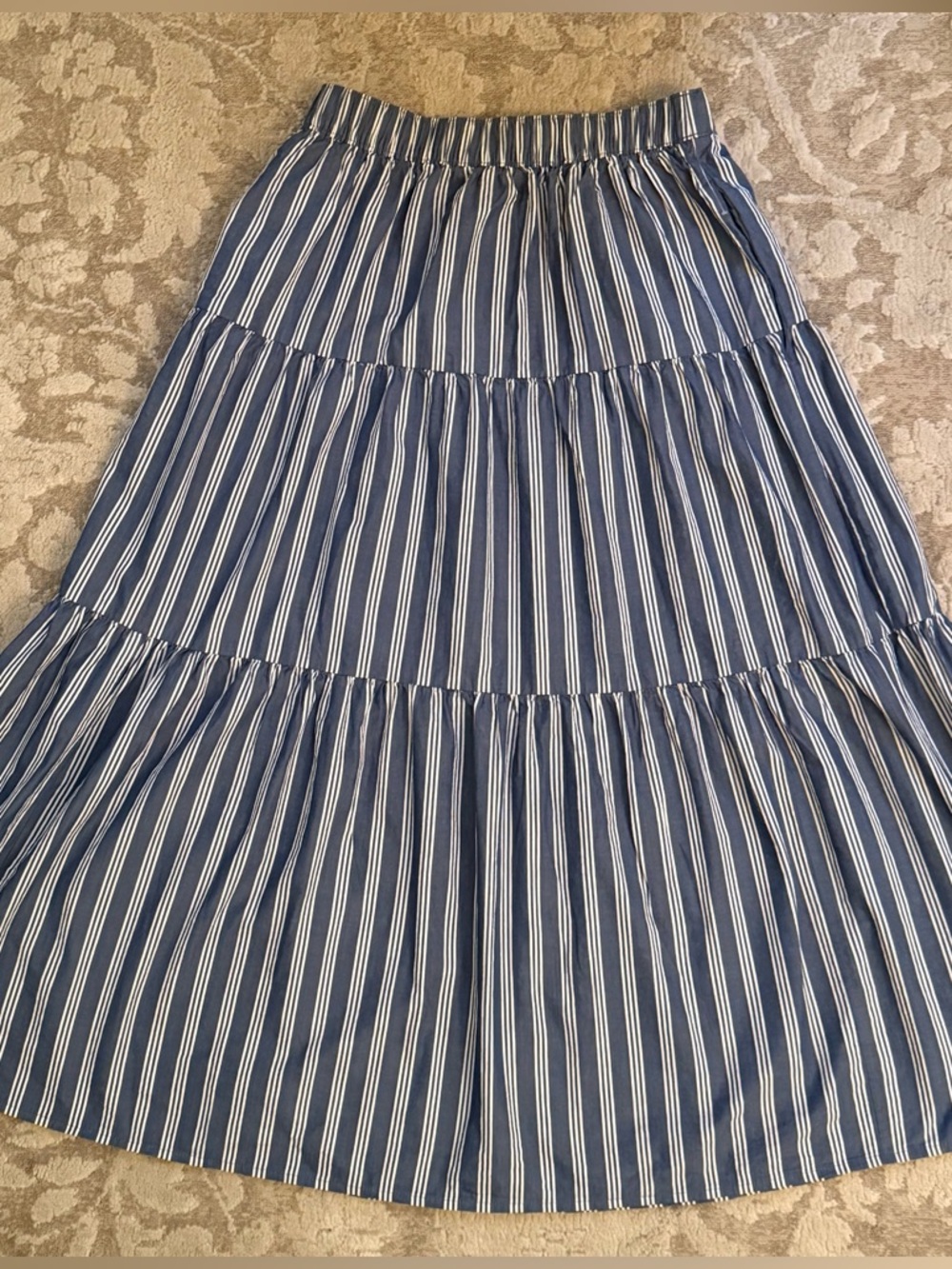Old Navy Blue and White Striped Tiered Maxi Skirt